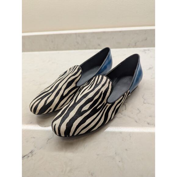 LOGO Blue Leather & Zebra Calf Hair Meryl Slip on Loafers 8.5 NEW Lori Goldstein - Picture 1 of 8